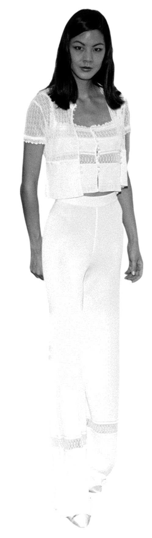 Resort 1998 Christian Dior x John Galliano Runway Sheer Ivory Knit Pin-Up High Waist Bodycon Flared Extra Long Legging Pants
