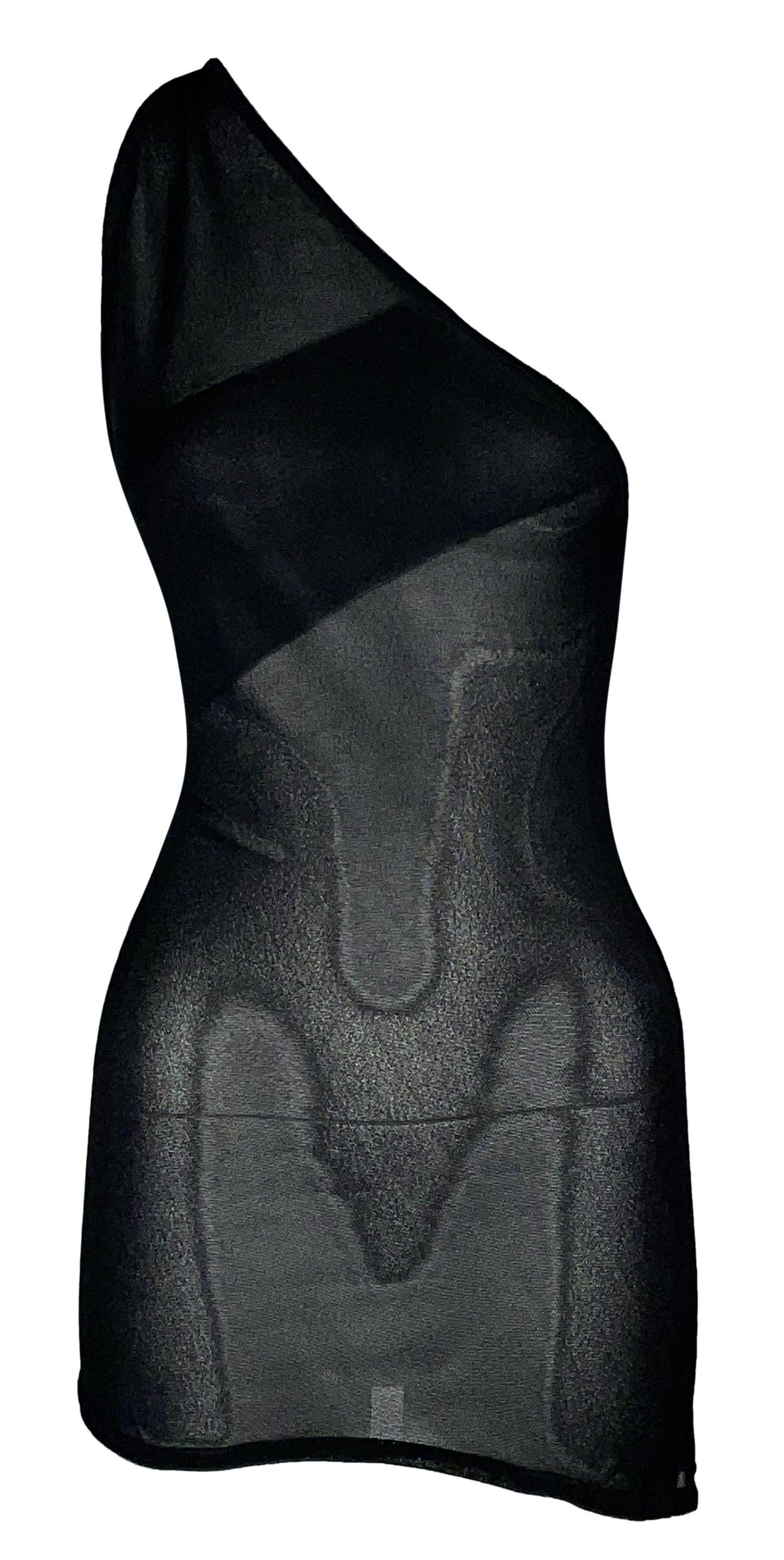 1998 Resort Christian Dior by John Galliano Runway Sheer Black One Shoulder Mesh Tunic Micro Mini Dress Top