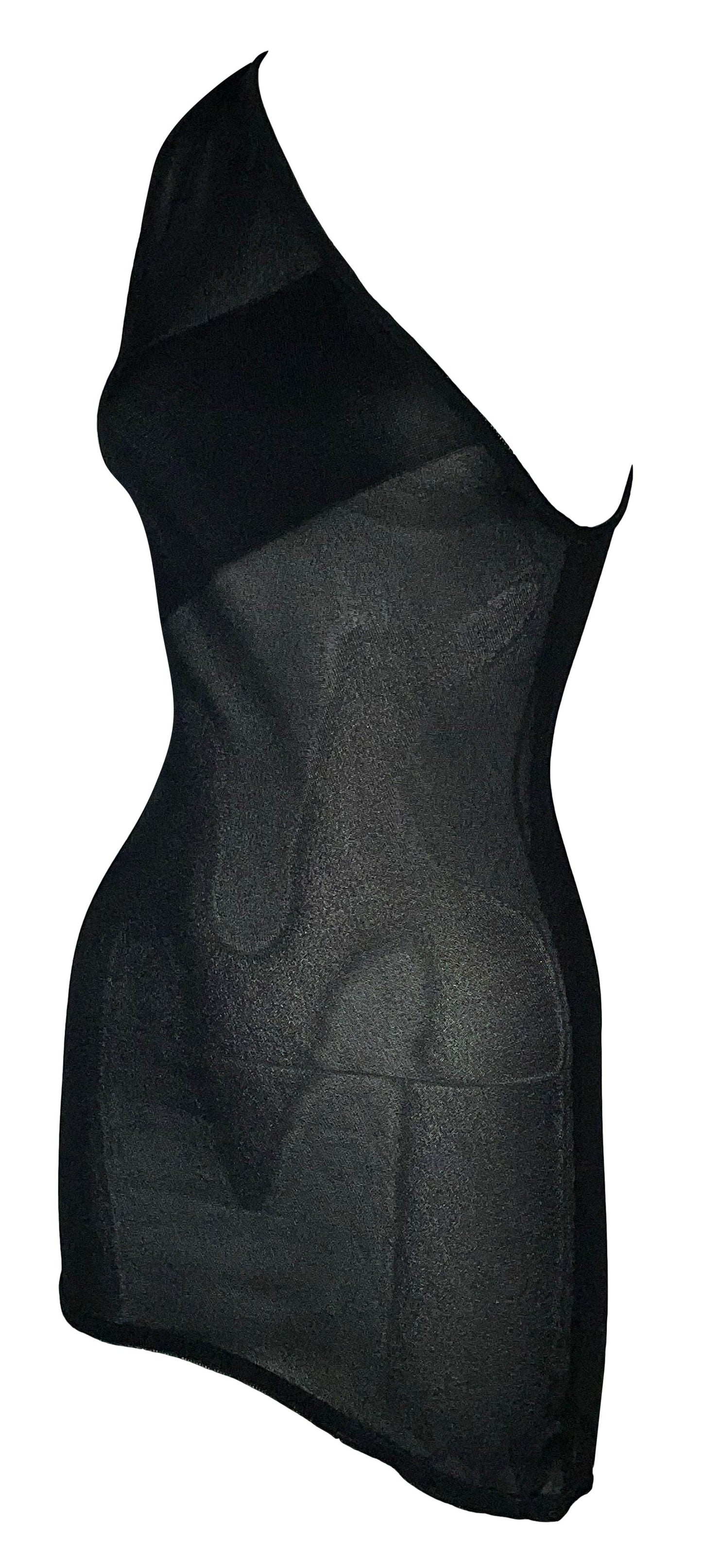 1998 Resort Christian Dior by John Galliano Runway Sheer Black One Shoulder Mesh Tunic Micro Mini Dress Top