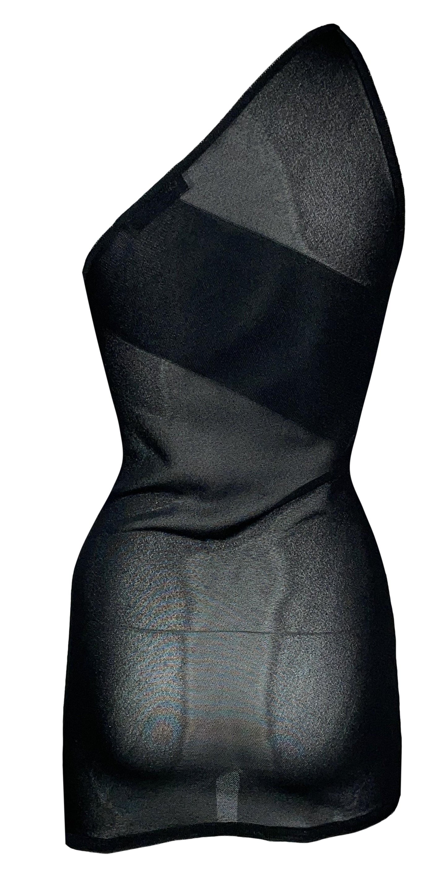 1998 Resort Christian Dior by John Galliano Runway Sheer Black One Shoulder Mesh Tunic Micro Mini Dress Top