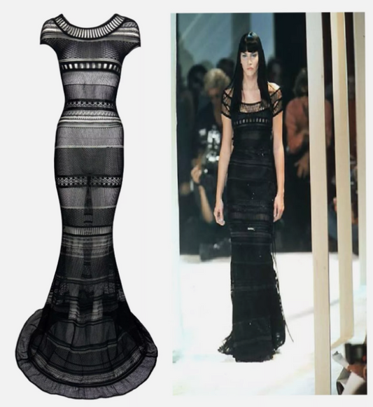 S/S 1998 Gianfranco Ferre Runway Sheer Black Knit Fishnet Mermaid Gown Dress