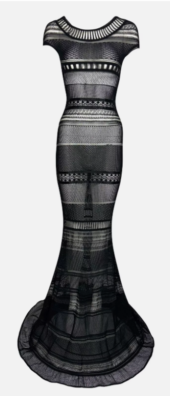 S/S 1998 Gianfranco Ferre Runway Sheer Black Knit Fishnet Mermaid Gown Dress