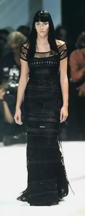 S/S 1998 Gianfranco Ferre Runway Sheer Black Knit Fishnet Mermaid Gown Dress