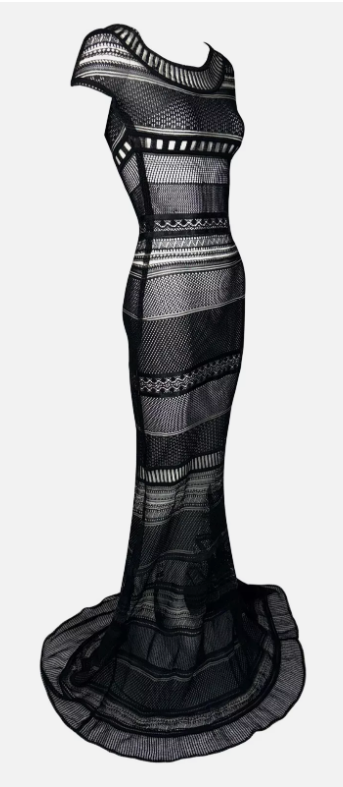 S/S 1998 Gianfranco Ferre Runway Sheer Black Knit Fishnet Mermaid Gown Dress