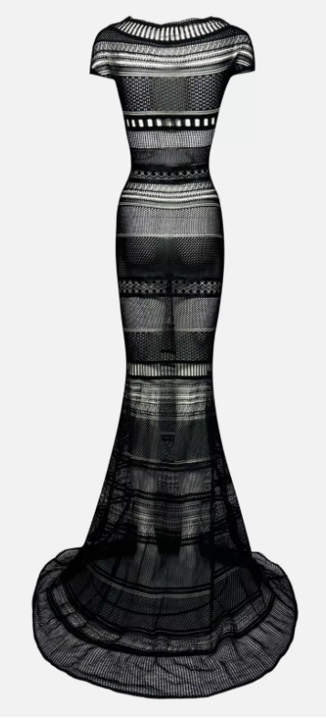 S/S 1998 Gianfranco Ferre Runway Sheer Black Knit Fishnet Mermaid Gown Dress