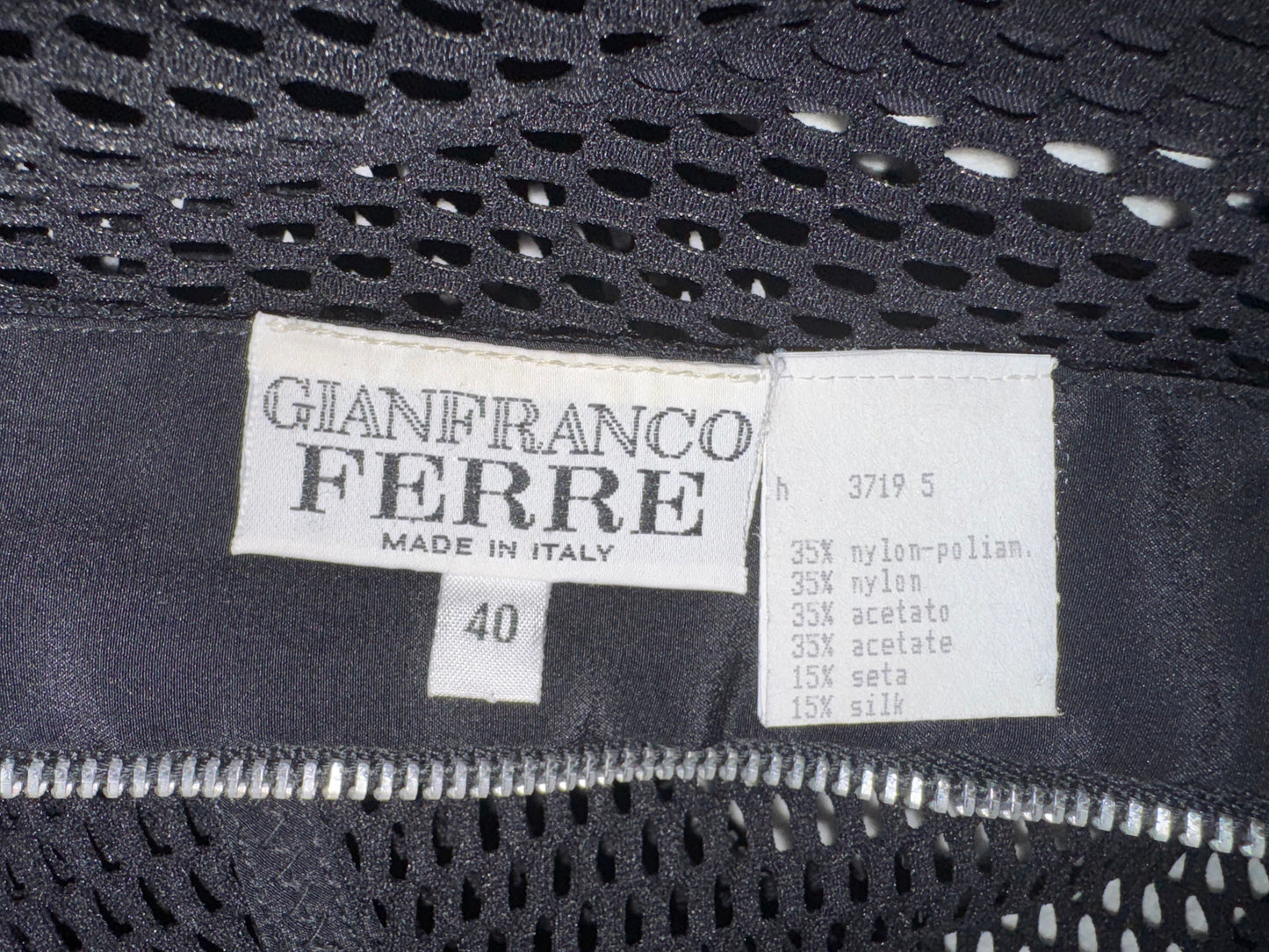 S/S 1998 Gianfranco Ferre Runway Sheer Black Fishnet Mesh Sleeveless High Neck High Back Zipper Slit Wiggle Dress