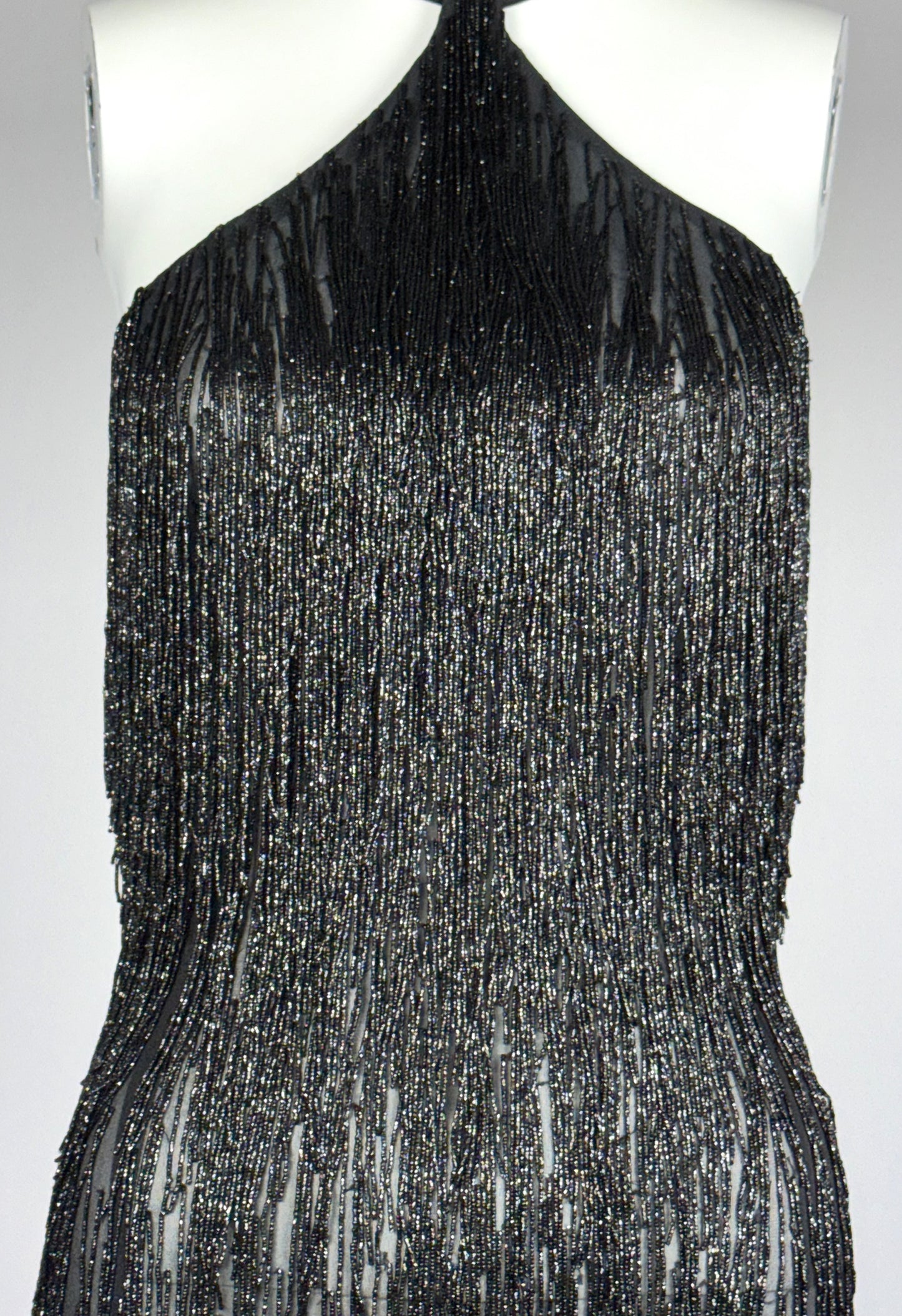 S/S 1998 Givenchy by Alexander McQueen Runway Sheer Black Silk Beaded Fringe Mini Dress