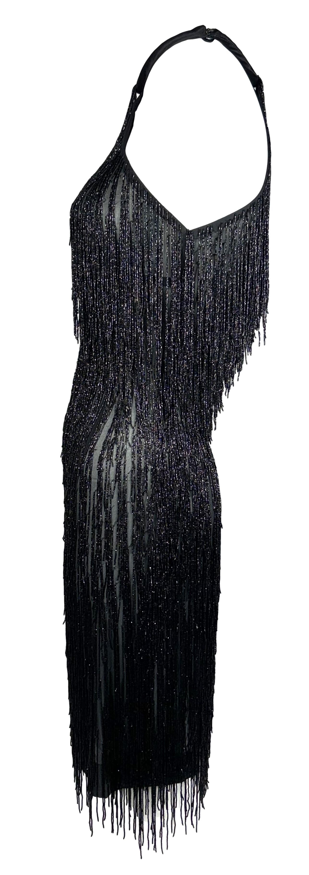S/S 1998 Givenchy by Alexander McQueen Runway Sheer Black Silk Beaded Fringe Mini Dress