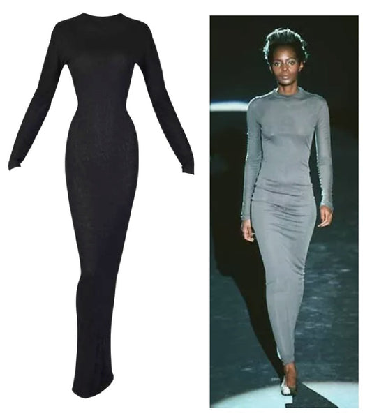 S/S 1998 Gucci by Tom Ford Runway Semi-Sheer Black Bodystocking L/S Wiggle Maxi Dress