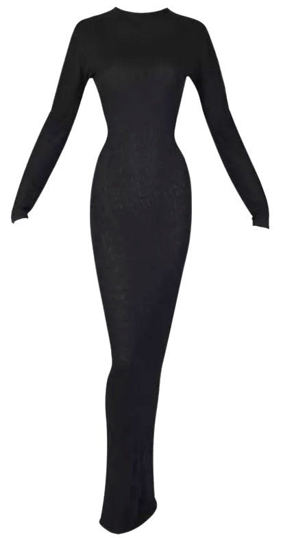 S/S 1998 Gucci by Tom Ford Runway Semi-Sheer Black Bodystocking L/S Wiggle Maxi Dress
