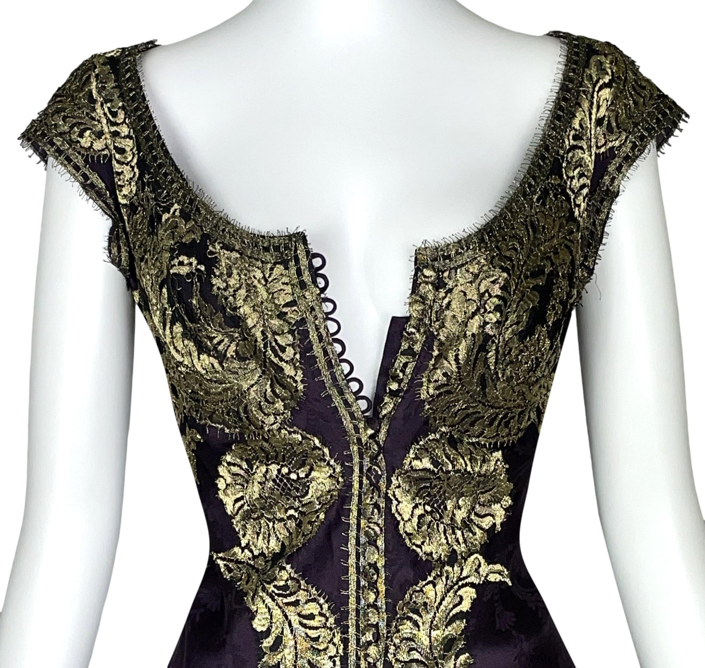 S/S 1998 John Galliano Runway Eggplant & Gold Embroidered Gown Dress w Train