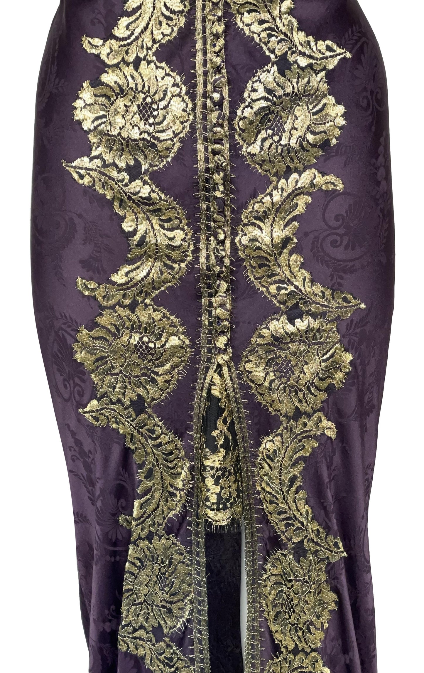S/S 1998 John Galliano Runway Eggplant & Gold Embroidered Gown Dress w Train