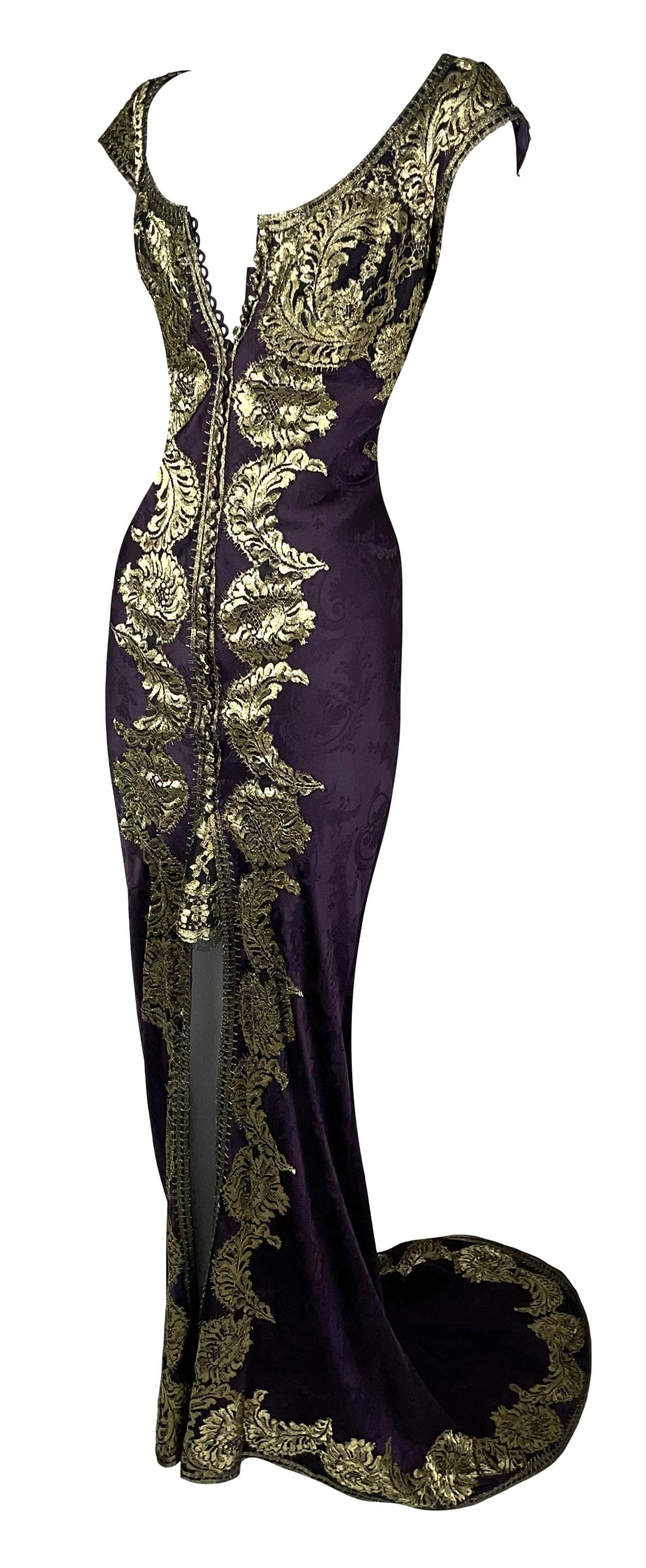 S/S 1998 John Galliano Runway Eggplant & Gold Embroidered Gown Dress w Train