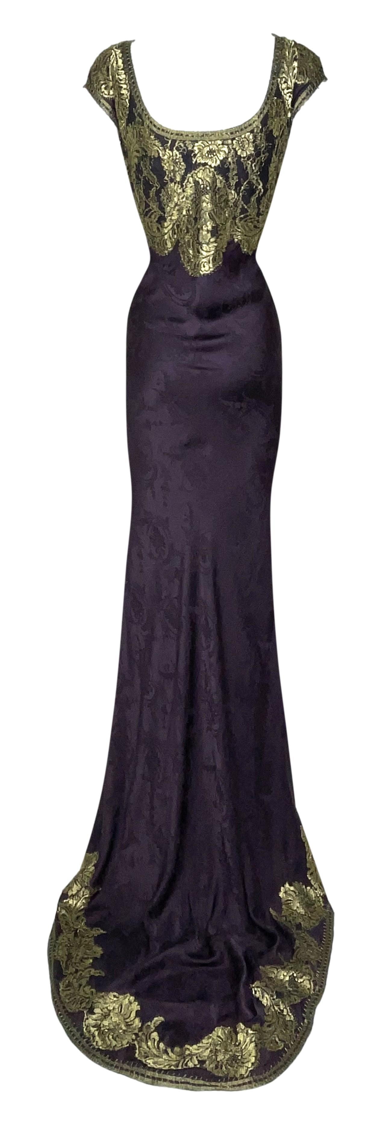 S/S 1998 John Galliano Runway Eggplant & Gold Embroidered Gown Dress w Train