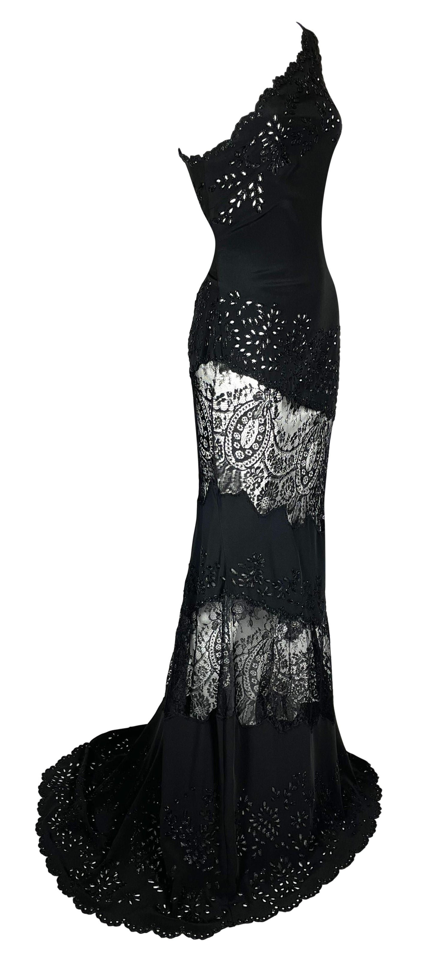 Vintage S/S 1998 Valentino Runway Sheer Black Lace Eyelet One Shoulder Gown Dress