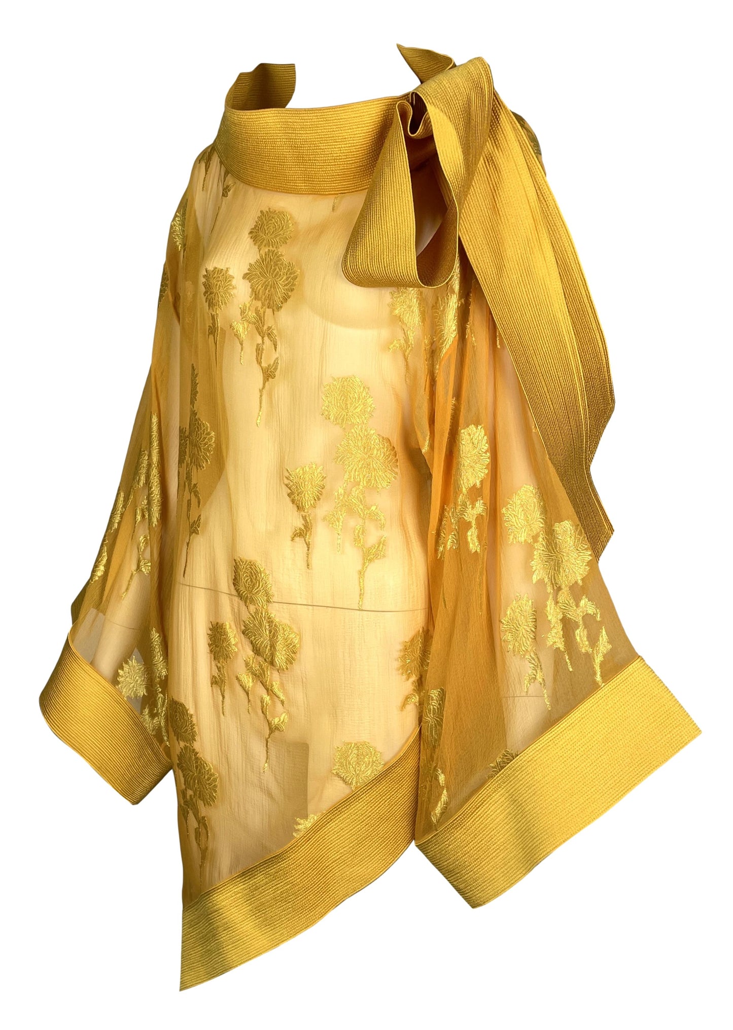 F/W 1999 Christian Dior by John Galliano Runway Sheer Gold Silk Embroidered Kimono Mini Dress Tunic