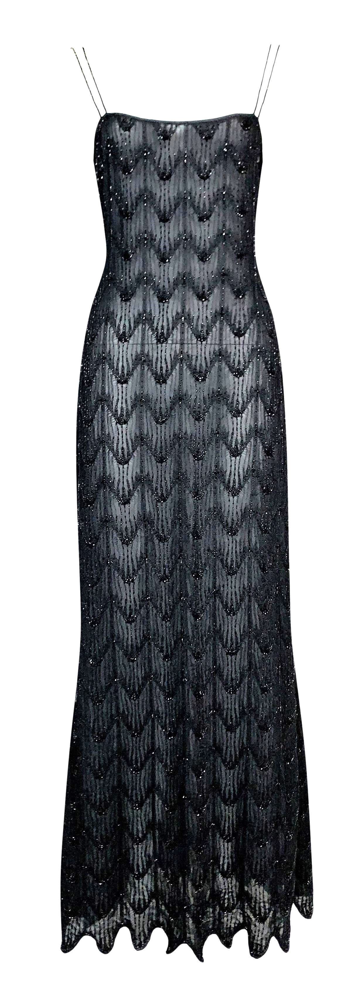 1999 Christian Dior by John Galliano Sheer Black Beaded 1920's Style Maxi Dress