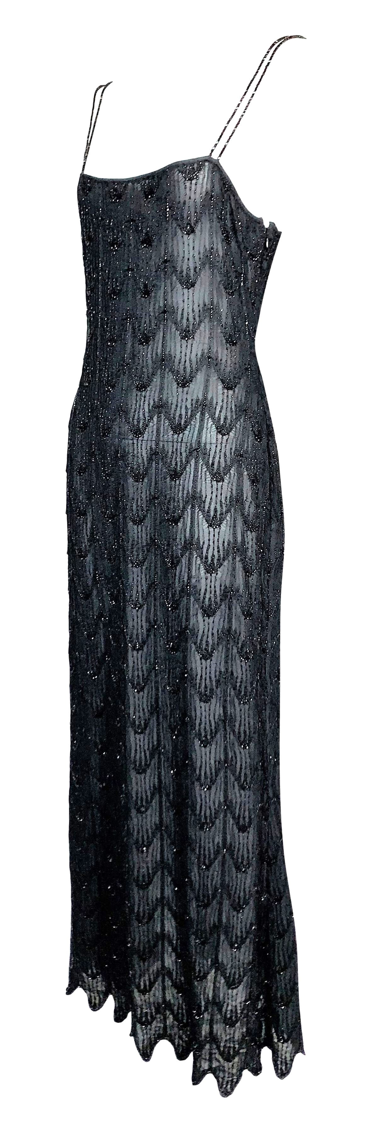 1999 Christian Dior by John Galliano Sheer Black Beaded 1920's Style Maxi Dress