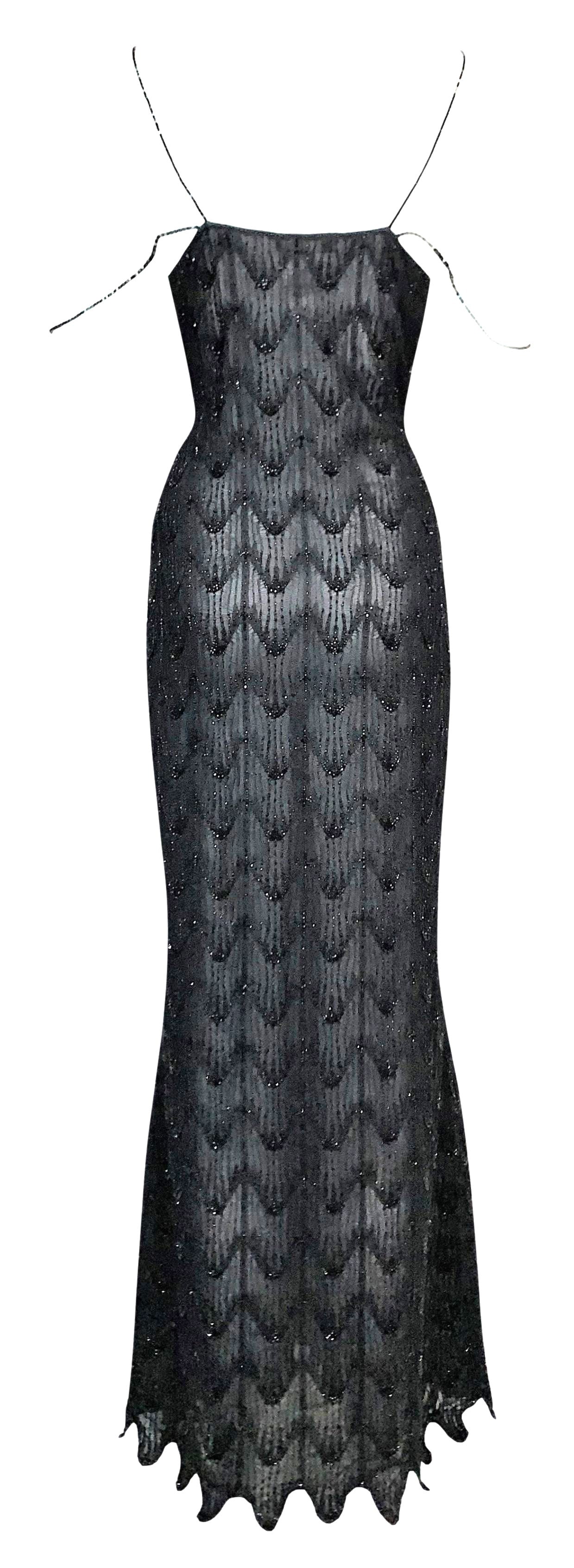 1999 Christian Dior by John Galliano Sheer Black Beaded 1920's Style Maxi Dress