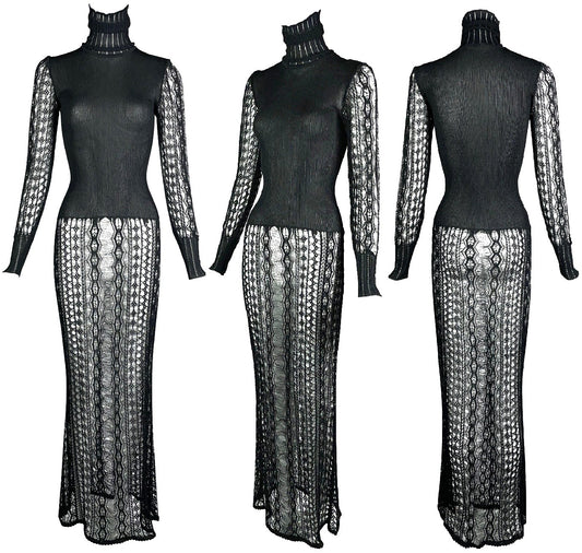 Vintage F/W 1999 Christian Dior by John Galliano Sheer Black Knit Turtle Neck Bodycon Mermaid Maxi Dress 38