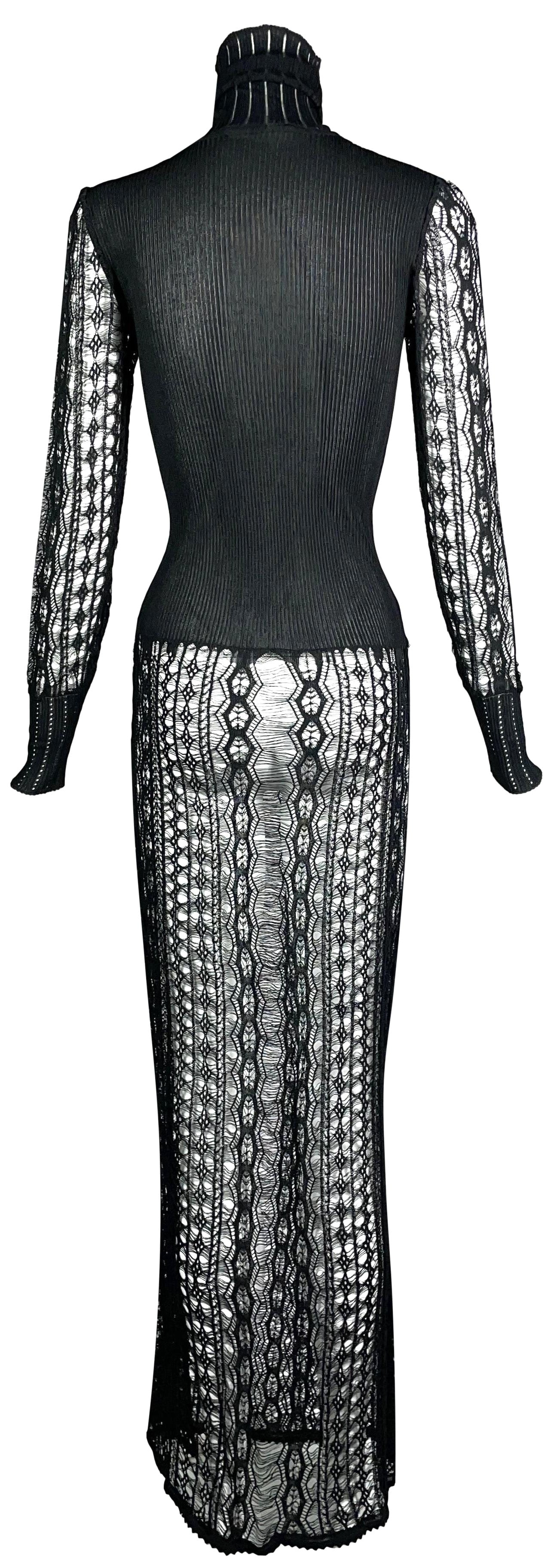 Vintage F/W 1999 Christian Dior by John Galliano Sheer Black Knit Turtle Neck Bodycon Mermaid Maxi Dress 38