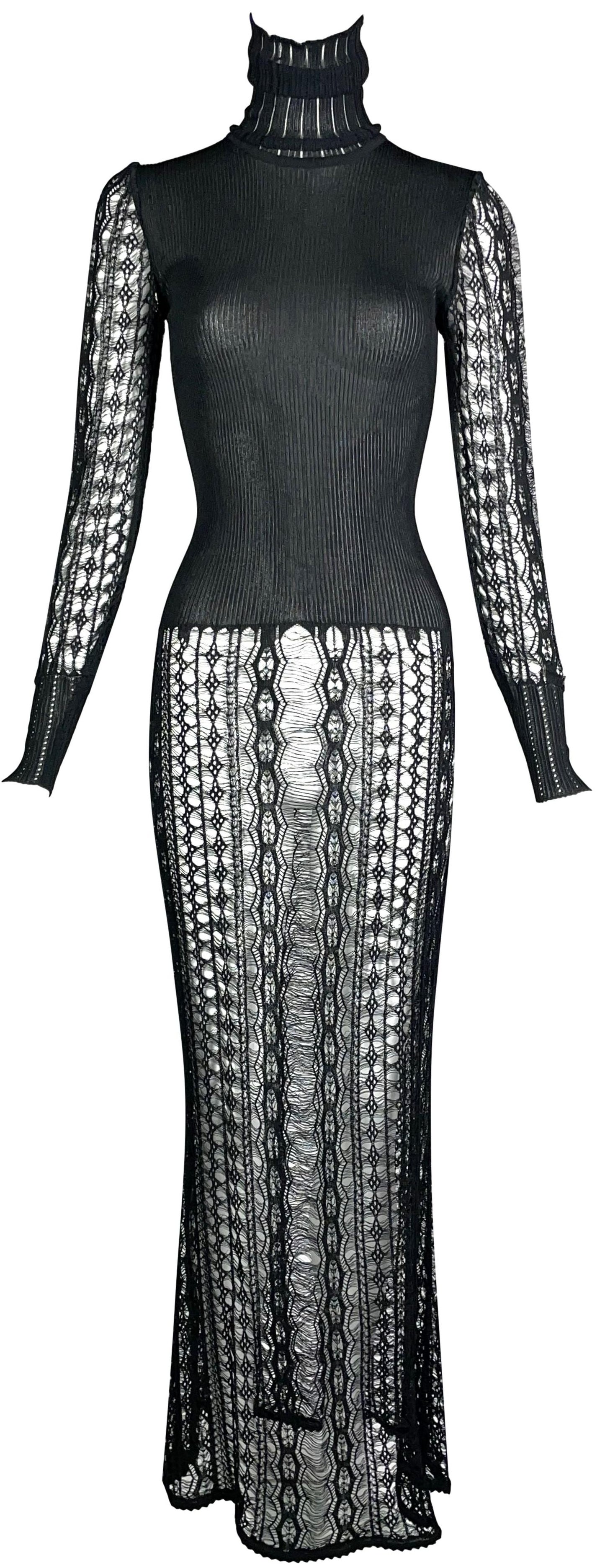 Vintage F/W 1999 Christian Dior by John Galliano Sheer Black Knit Turtle Neck Bodycon Mermaid Maxi Dress 38
