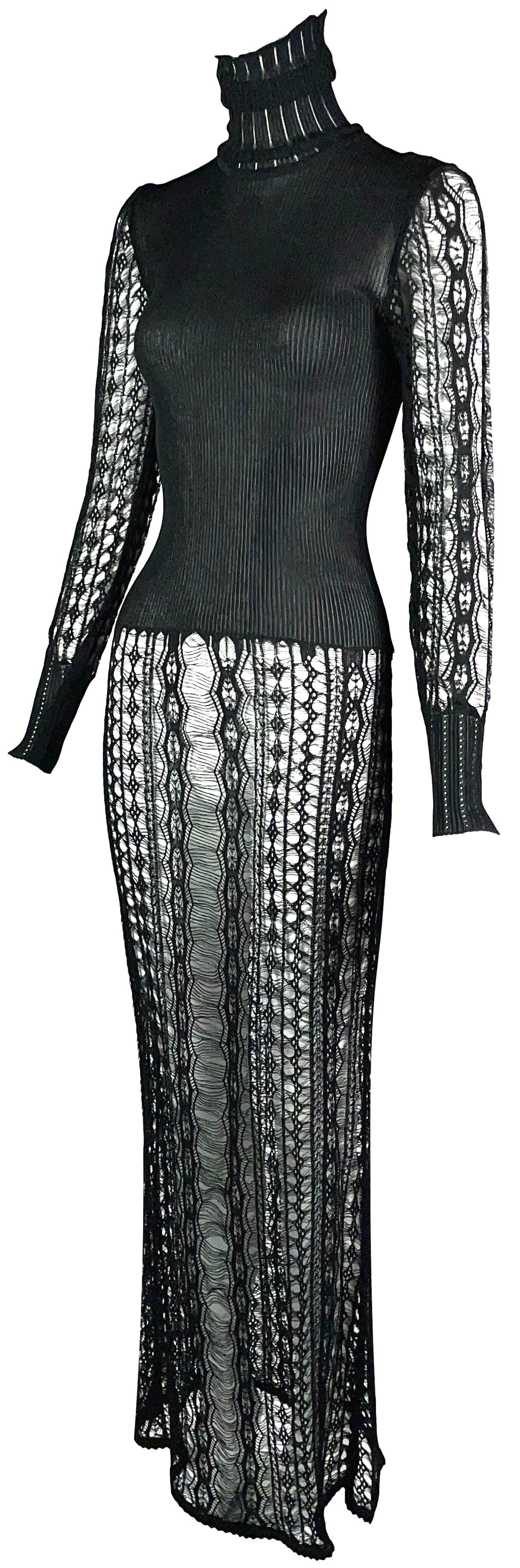 Vintage F/W 1999 Christian Dior by John Galliano Sheer Black Knit Turtle Neck Bodycon Mermaid Maxi Dress 38