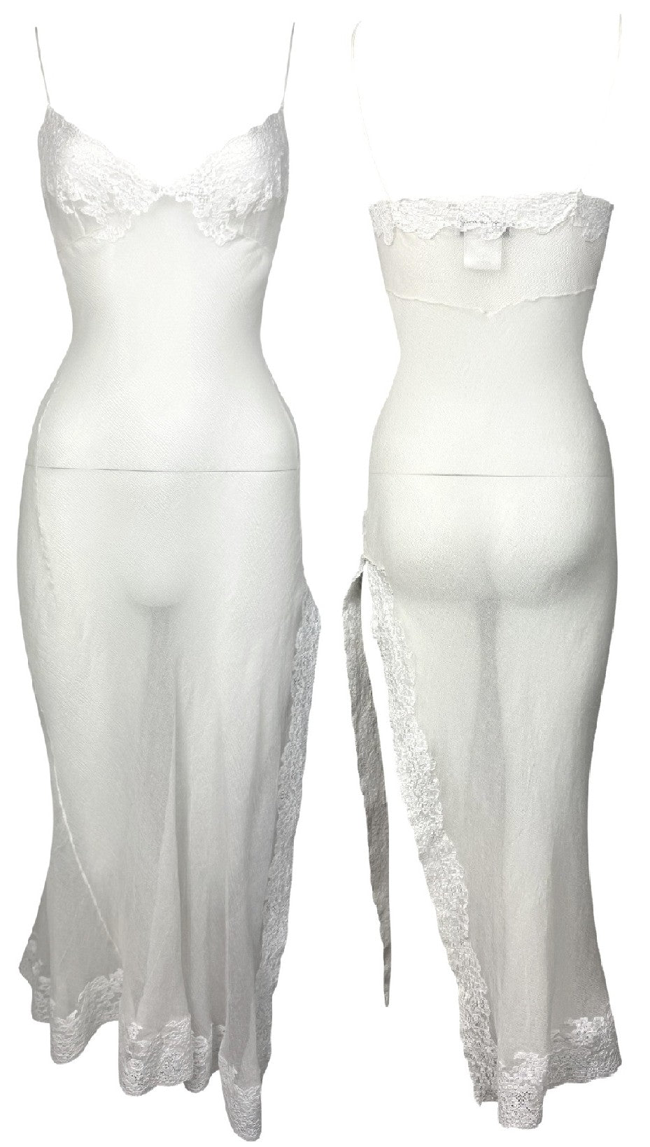 F/W 1999 Christian Dior by John Galliano Sheer Ivory Silk & Chantilly Lace High Slit Slip Dress