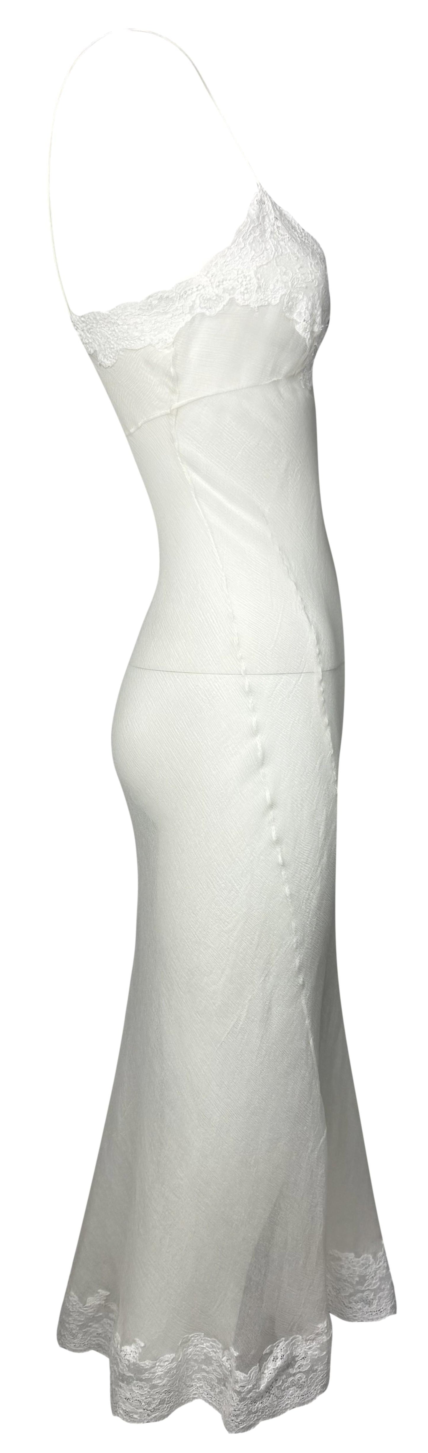 F/W 1999 Christian Dior by John Galliano Sheer Ivory Silk & Chantilly Lace High Slit Slip Dress