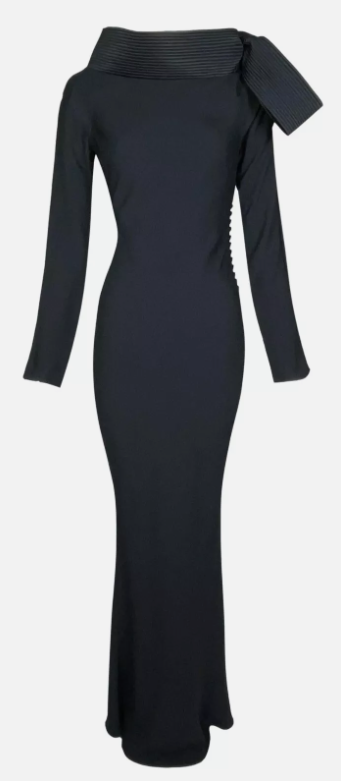 F/W 1999 Christian Dior by John Galliano Runway Wide Neck Bow L/S Black Mermaid Maxi Dress