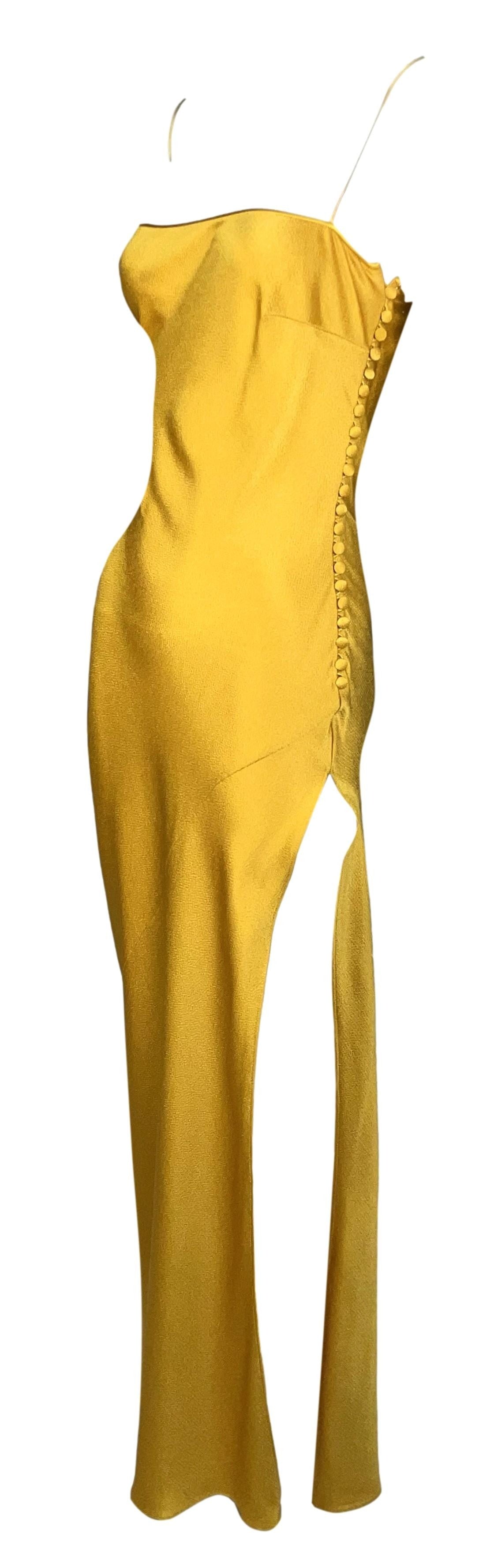 F/W 1999 Christian Dior by John Galliano Runway Gold Marigold Satin Maxi Slip Dress w High Slit