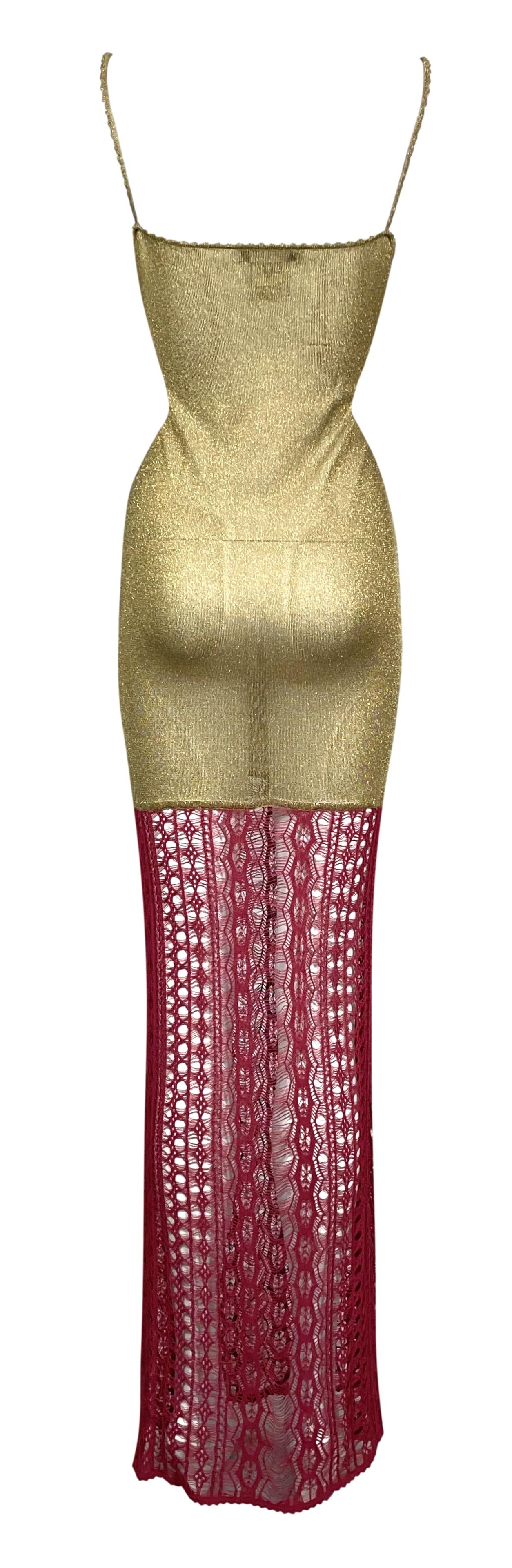 F/W 1999 Christian Dior by John Galliano Sheer Gold & Red Knit Bodycon Maxi Dress