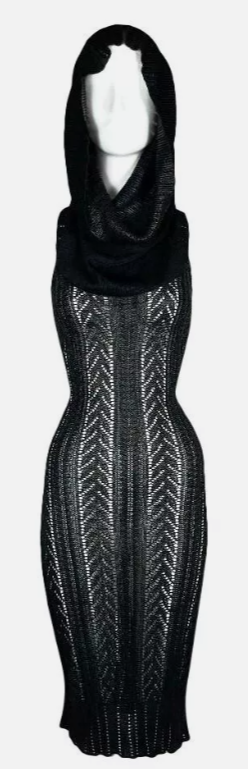 F/W 1999 Christian Dior by John Galliano Sheer Black Knit Wide Collar Hooded Bodycon Backless Dress