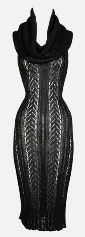 F/W 1999 Christian Dior by John Galliano Sheer Black Knit Wide Collar Hooded Bodycon Backless Dress