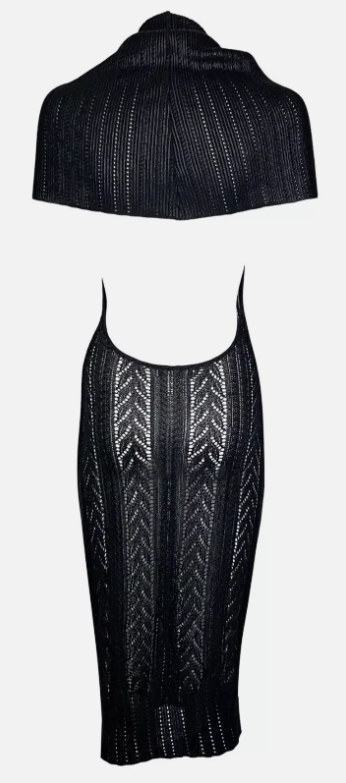 F/W 1999 Christian Dior by John Galliano Sheer Black Knit Wide Collar Hooded Bodycon Backless Dress