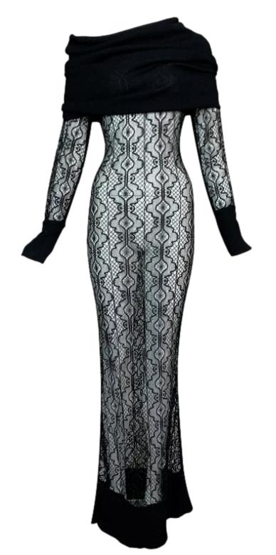 F/W 1999 Christian Dior by John Galliano Sheer Black Knit L/S Cowl Neck Maxi Dress Gown