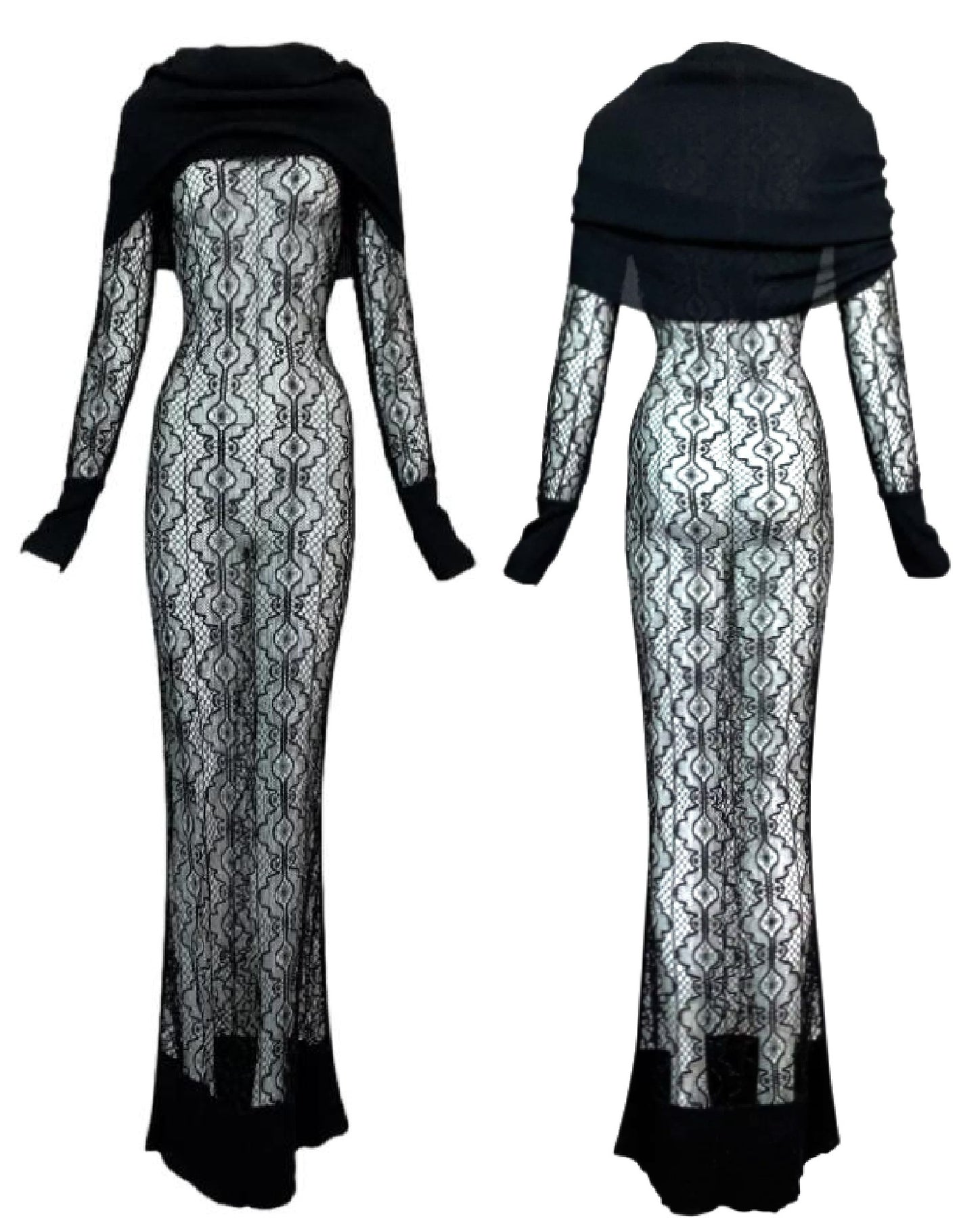 F/W 1999 Christian Dior by John Galliano Sheer Black Knit L/S Cowl Neck Maxi Dress Gown