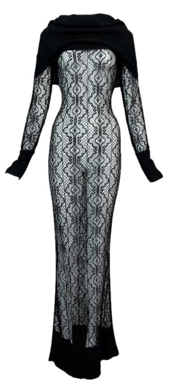F/W 1999 Christian Dior by John Galliano Sheer Black Knit L/S Cowl Neck Maxi Dress Gown