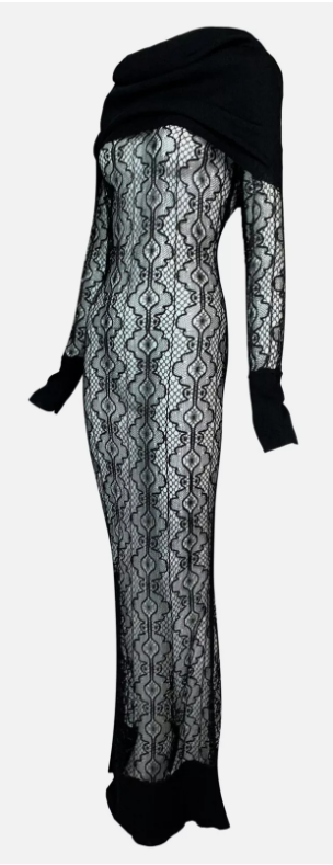 F/W 1999 Christian Dior by John Galliano Sheer Black Knit L/S Cowl Neck Maxi Dress Gown