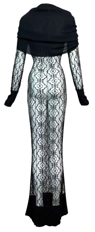 F/W 1999 Christian Dior by John Galliano Sheer Black Knit L/S Cowl Neck Maxi Dress Gown