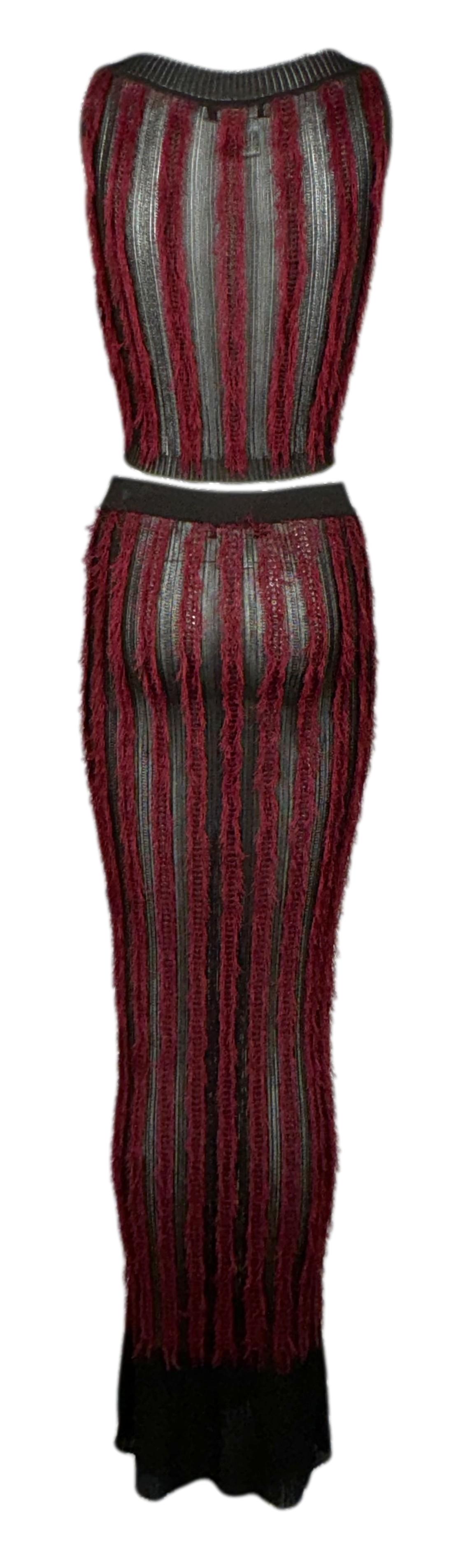 F/W 1999 Christian Dior by John Galliano Sheer Brown & Red Fringe Knit Crop Top & Maxi Skirt Set