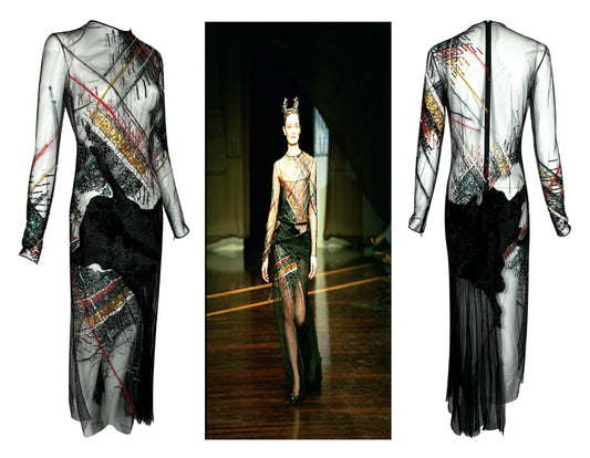 F/W 1999 Gianfranco Ferre Runway Sheer Black Mesh Fur Embellished Maxi Dress
