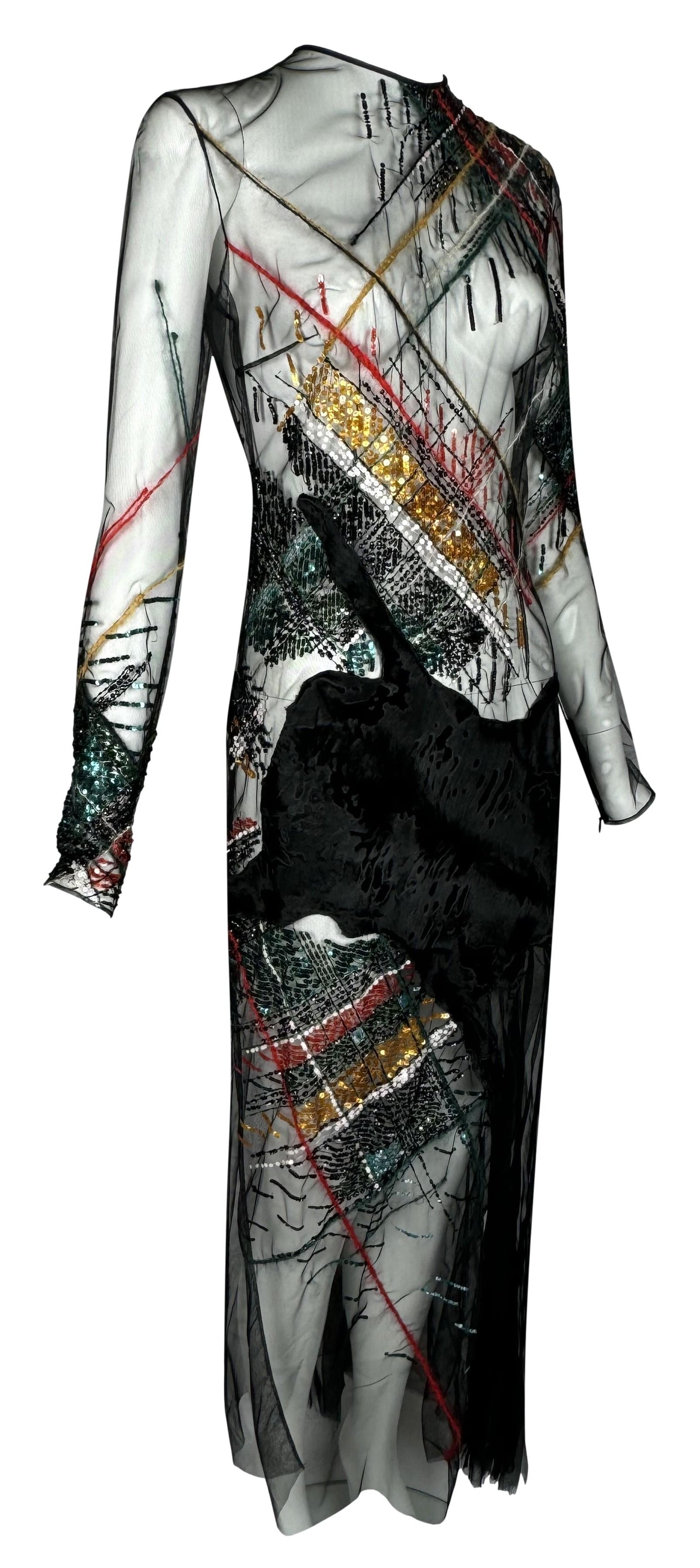 F/W 1999 Gianfranco Ferre Runway Sheer Black Mesh Fur Embellished Maxi Dress