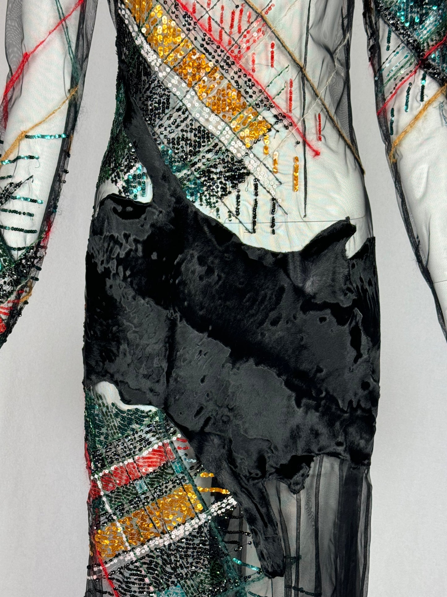 F/W 1999 Gianfranco Ferre Runway Sheer Black Mesh Fur Embellished Maxi Dress