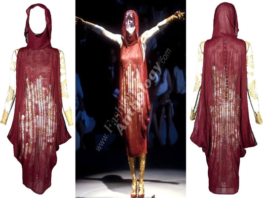 F/W 1999 Givenchy Haute Couture by Alexander McQueen Runway Distressed Sheer Gold Bodystocking Dress & Hooded Slashed Red Dress Set