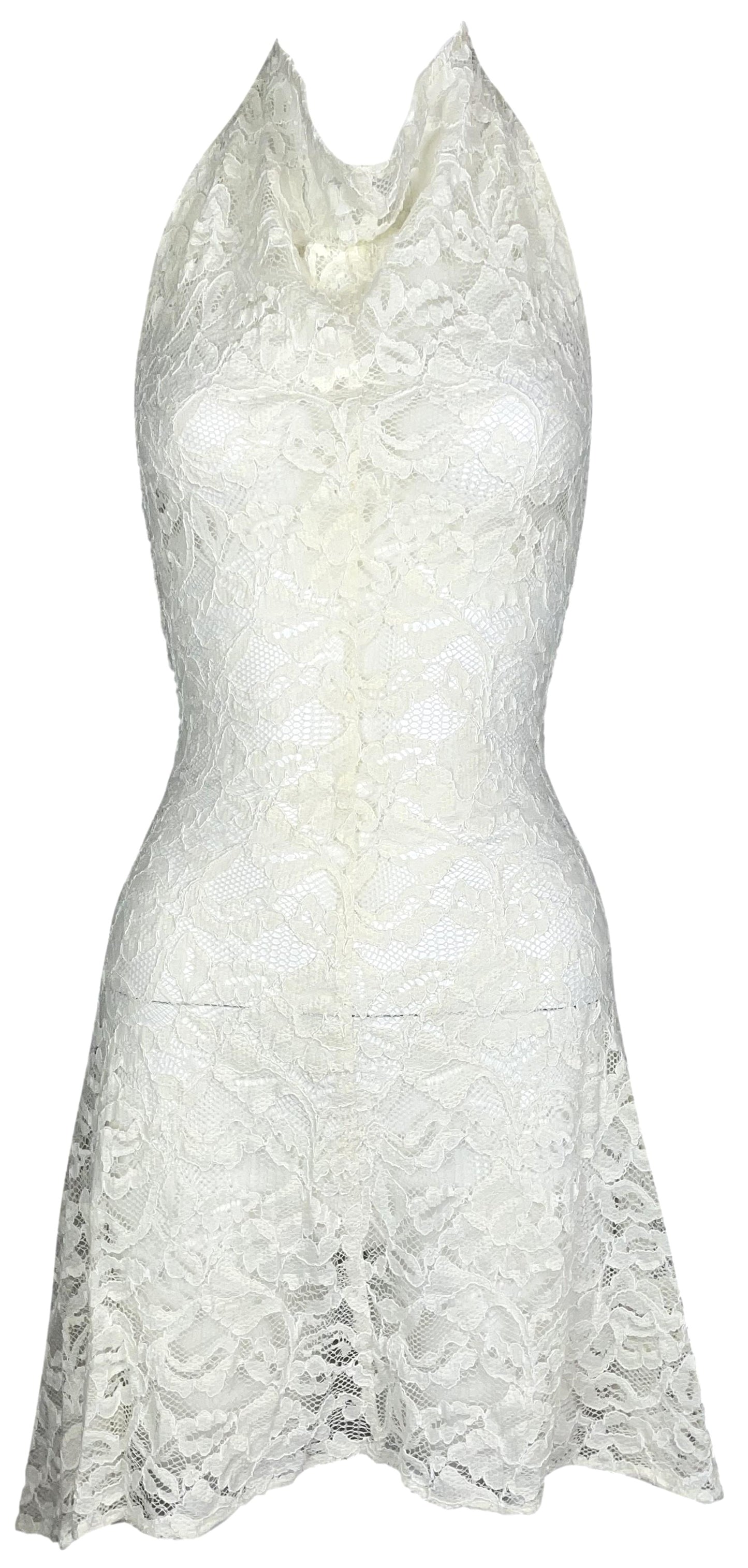 Vintage S/S 1999 Alexander McQueen Ivory Lace Halter Mini Dress
