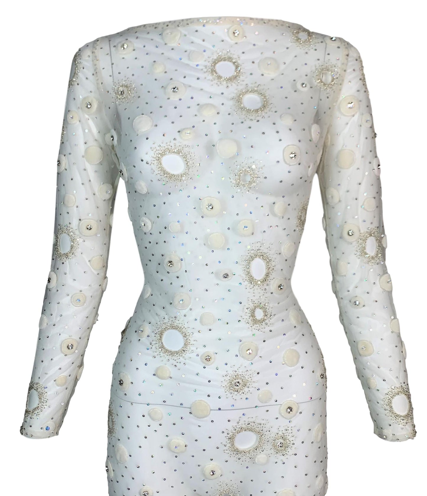 S/S 1999 Atelier Versace Couture Runway Sheer Ivory Mesh Crystal Embellished Gown Dress