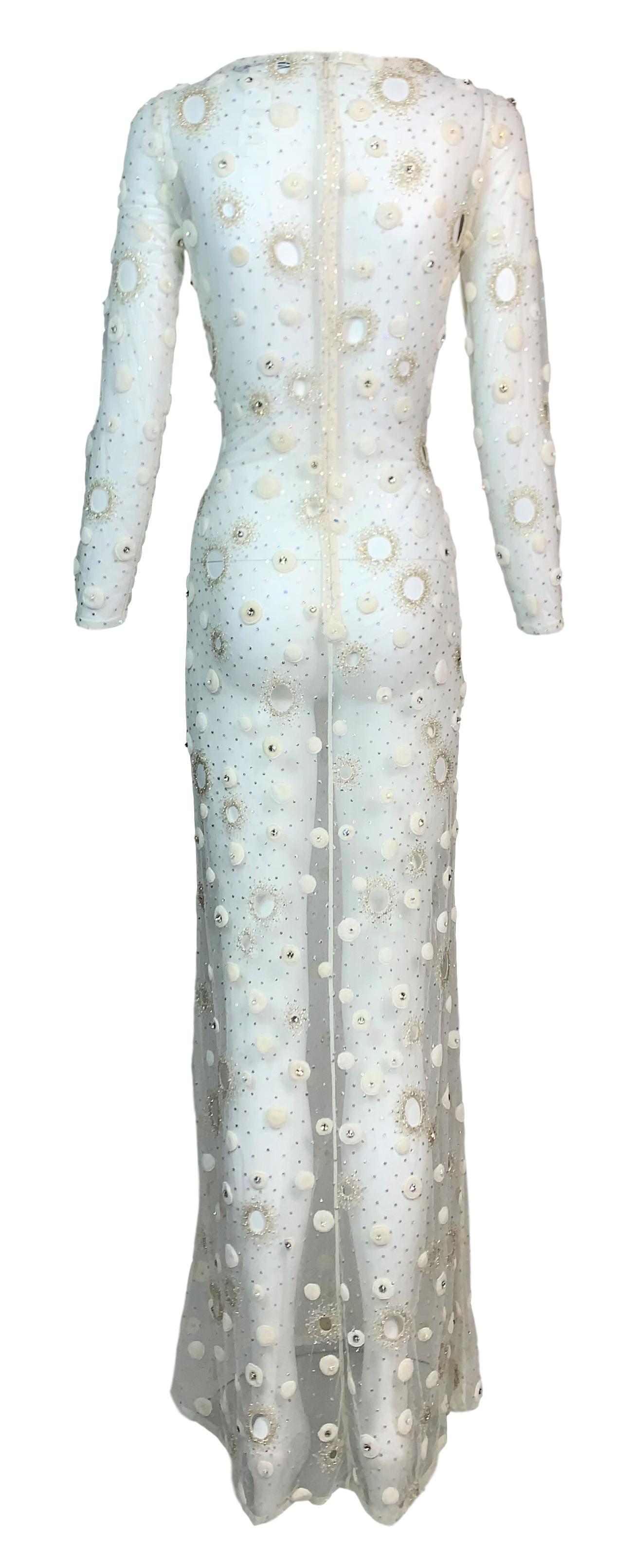 S/S 1999 Atelier Versace Couture Runway Sheer Ivory Mesh Crystal Embellished Gown Dress