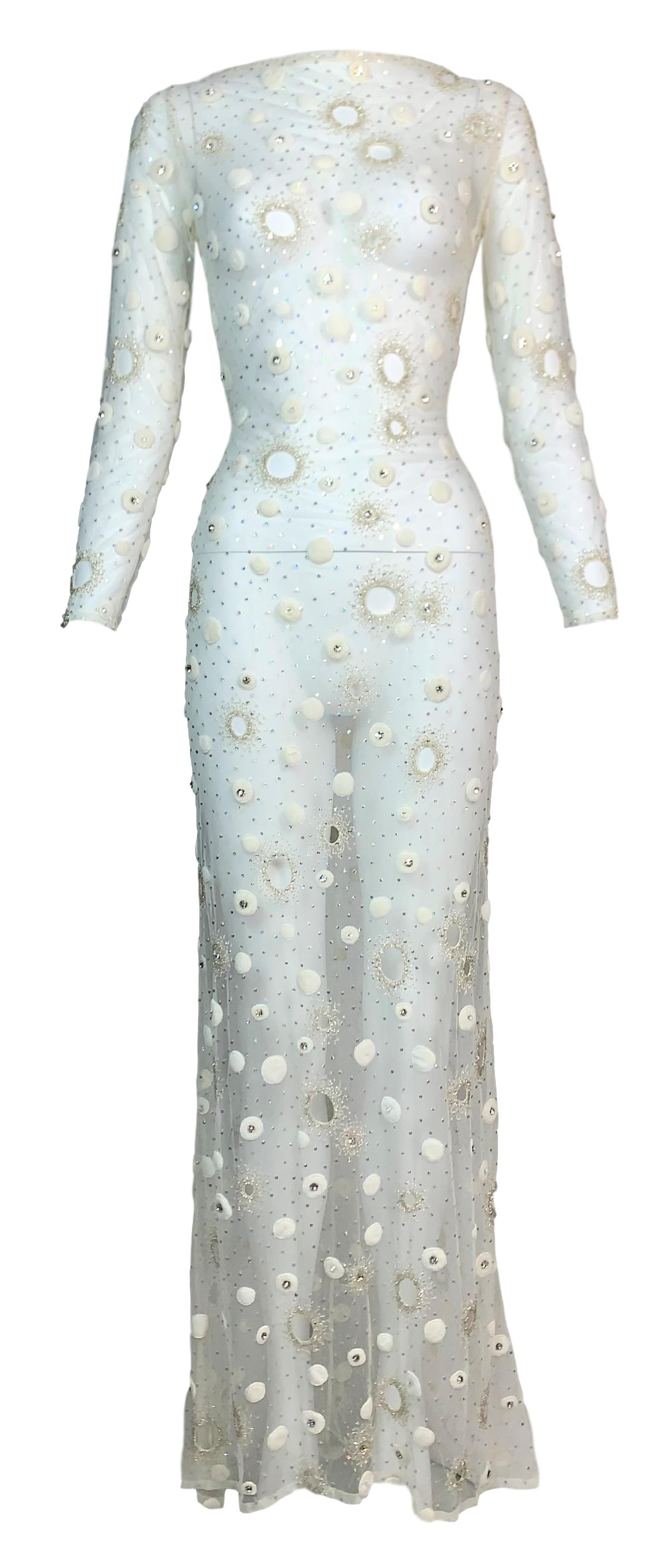 S/S 1999 Atelier Versace Couture Runway Sheer Ivory Mesh Crystal Embellished Gown Dress