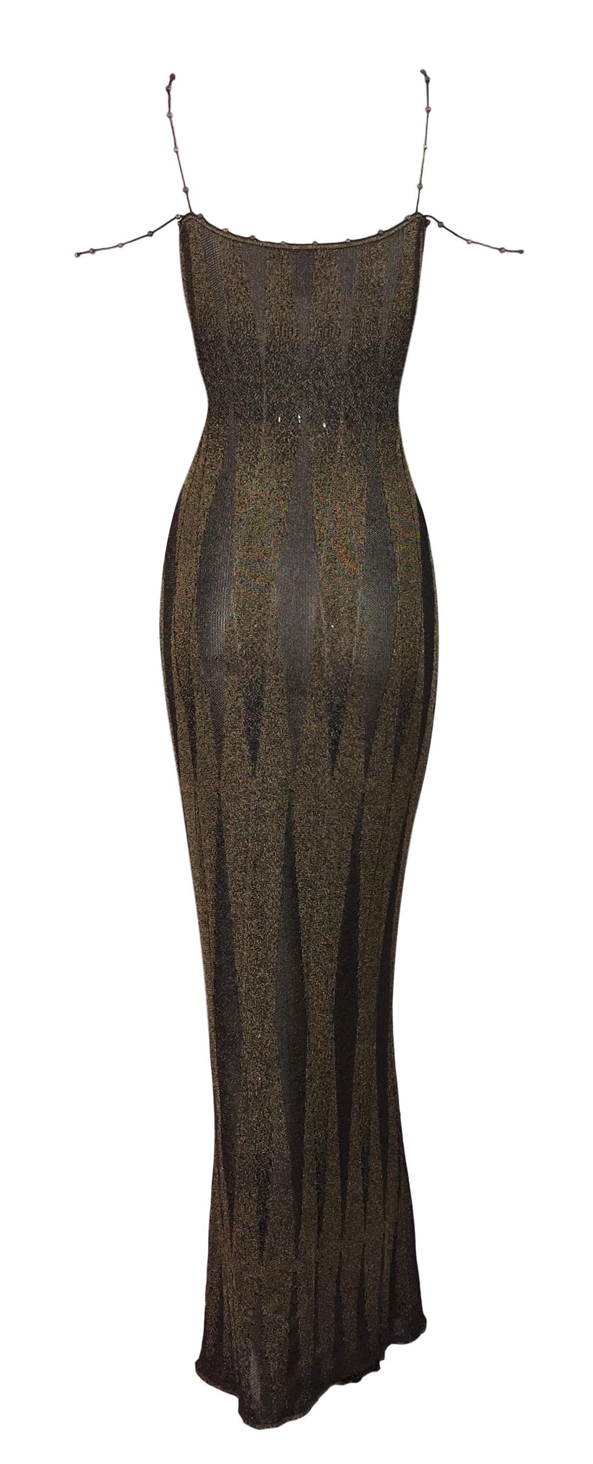 S/S 1999 Christian Dior by John Galliano Sheer Black & Gold Knit Wiggle Bodycon Maxi Dress w Beaded Straps